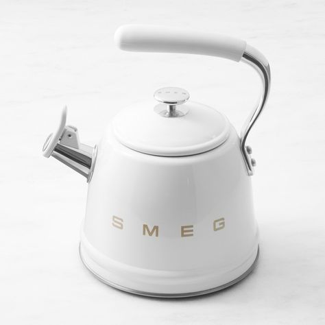 SMEG Stainless-Steel Whistling Tea Kettle, 2 1/2-Qt. | Williams Sonoma Smeg Tea Kettle, Gus Modern Sofa, Cupboard Living Room, Bookshelf Lighting, Bar Console, Smeg Appliances, Stainless Steel Kettle, Midcentury Style, 50s Retro