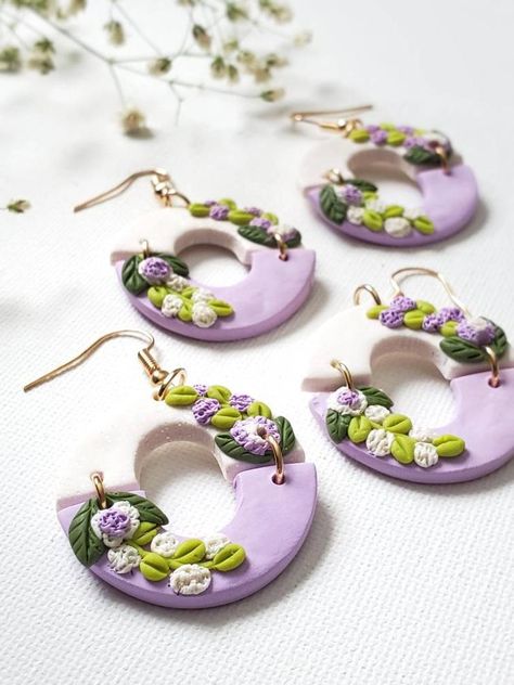 Flori Din Lut, Lilac Earrings, Polymer Clay Embroidery, Lavender Earrings, Polymer Clay Flower Jewelry, Polymer Clay Ornaments, Polymer Clay Jewelry Tutorials, Earrings Polymer, Polymer Clay Diy