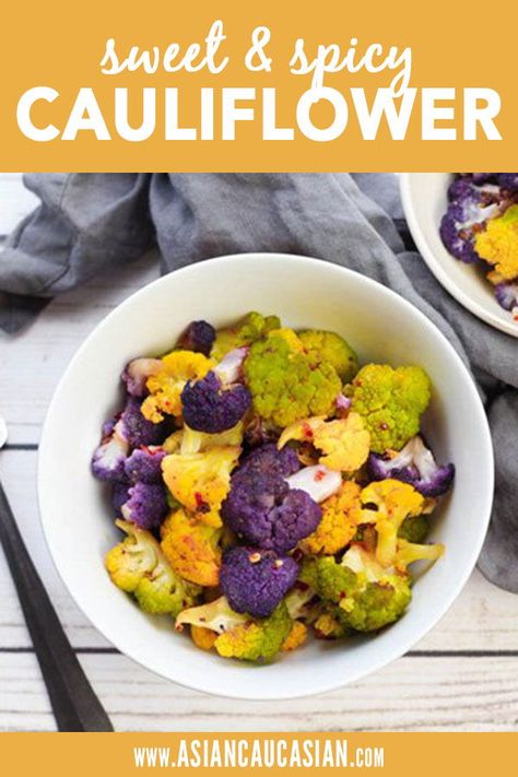 This tri-colored cauliflower is a fun and easy side dish with an Asian twist! It's gluten free and dairy free, but don't let those healthy labels fool you - this roasted cauliflower recipe is packed with incredible flavor, and will become a family favorite! #sidedish #glutenfree Colored Cauliflower Recipes, Colored Cauliflower, Cauliflower Side Dish, Roasted Cauliflower Recipe, Asian Fusion Recipes, Fusion Recipes, Healthy Asian Recipes, Spicy Cauliflower, Roasted Cauliflower Recipes