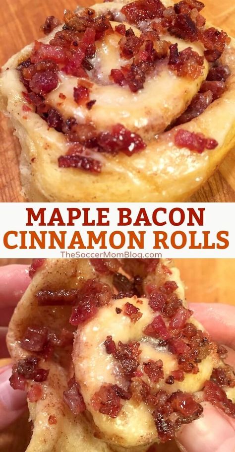 Maple Bacon Cinnamon Rolls, Easy Fall Breakfast, Bacon Cinnamon Rolls, Pillsbury Cinnamon Rolls, Maple Frosting, Breakfast Sweets, Candied Bacon, Fall Breakfast, Maple Bacon