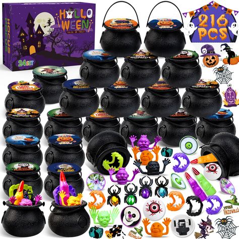 PRICES MAY VARY. 【24 Pack Prefilled Witch Cauldron With 7 Styles】What surprises are inside until you open the sticker on this cauldron. 7 different party favors prefilled in the witch cauldrons. 216 pieces of party favors are included in the box! It is convenient to pick up their loot during Trick-or-Treat or hand them out as Halloween party favors with this fun way to surprise and entertain 【Abundant Halloween Party Favors】You will receive 24pcs small witch cauldrons, 24pcs Halloween tattoos, 2 Halloween Class Favors, Halloween Prizes, Halloween Goodie Bags, Witch Cauldron, Witches Cauldron, Halloween Treat Bags, Halloween Party Favors, Halloween Tattoos, Goodie Bags