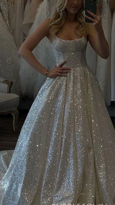 Silver Grad Dress, Types Of Dresses Chart Style, 15th Birthday Dress Ideas, Shiny Dress Outfit, Silver Prom Dress Sparkly, Royal Ball Dress, Silver Dress Prom, White Sparkly Prom Dress, Prom Dresses Princess Style