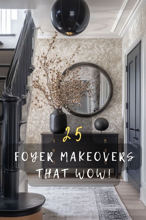 Ready to transform your entryway? Check out these 25 chic foyer ideas that blend functionality with style. From minimalist to eclectic, find your foyer style. Click to start transforming! 🚪🎨 #ChicFoyer #EntrywayIdeas #MinimalistStyle #EclecticHome #StylishEntry Foyer Ideas Entryway Black And White, Dark Blue Foyer Entryway, Modern Glam Entryway Ideas, Black Entryway Ideas, Loft Entryway Ideas, Black Entryway Wall, Glam Entryway Ideas, Moody Entryway Ideas, Moody Foyer