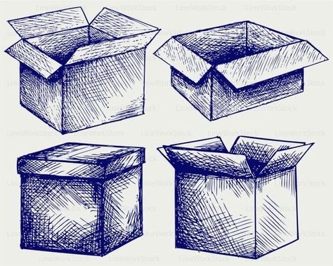 Moving Boxes Drawing, Cardboard Box Tattoo, Box Drawing Reference, Cardboard Box Drawing, Box Drawing Art, Box Drawing Ideas, Boxes Drawing, Drawing Boxes, Box Sketch