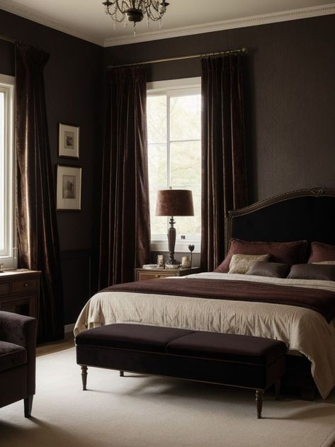 Velvet Curtains Bedroom, Dark Brown Bedrooms, Dark Bedroom Ideas, Academia Bedroom, Brown Rooms, Moody Bedroom, Dark Bedroom, Dark Home Decor, Dark Vintage