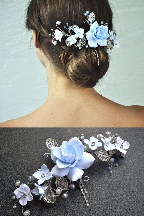 Blue Wedding Headpiece, Diy Hair Pieces, Baby Blue Hair, Floral Hairpiece, Floral Hair Piece, Baby Blue Weddings, Blue Hair Accessories, Light Blue Hair, Diy Hair Accessories Ribbon