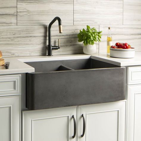 Farmhouse Double Bowl is a hard-working kitchen sink with two deep basins and simple maintenance. Installs as apron front or behind the counter. Concrete Farmhouse Sink, Concrete Kitchen Sink, Concrete Kitchens, Concrete Farmhouse, Apron Front Kitchen Sink, Double Kitchen Sink, Apron Sink Kitchen, Apron Front Sink, Apron Sink