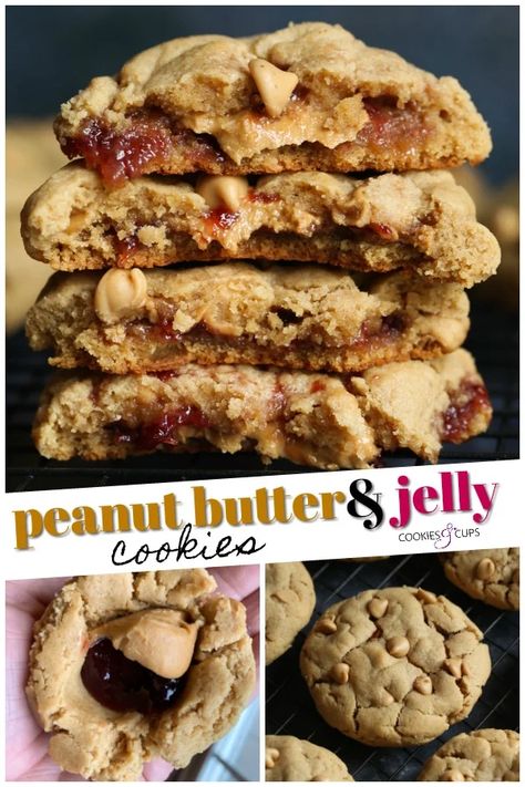 Thick Peanut Butter Cookies, Peanut Butter And Jelly Cookies, Cookies Stuffed, Flourless Peanut Butter Cookies, Jelly Cookies, Best Peanut Butter Cookies, Cookie Sandwich, Big Cookie, Best Peanut Butter