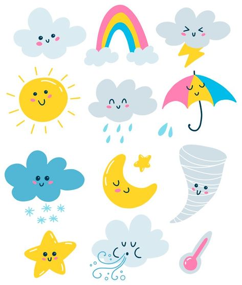 Weather Symbols, Funny Gnomes, Weather Icons, Farm Crafts, Doodle Illustration, Flat Vector, Busy Book, Art Wall Kids, Cartoon Illustration