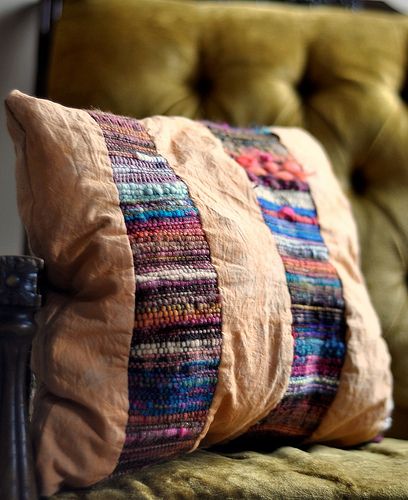 high noon hand-woven ikat pillow | by LaiGrai I love the use of a skinny strip of weaving in a larger piece. Sew A Pillow, Diy Pouf, Sunset Pillow, Saori Weaving, Weaving Wall Hanging, Rigid Heddle Weaving, Woven Pillow, Weaving Tools, Weaving Tutorial