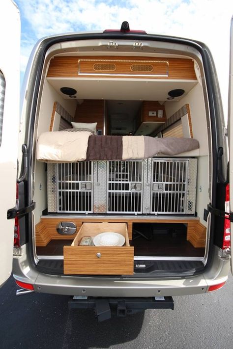 Crates under bed, like mine... like the platform with drawers underneath! Crates Under Bed, Van Conversion Dog, Dog Van, Camper Dog, Travel Trailer Organization, Dog Transport, Dream Camper, Gear Room, Cargo Trailer Conversion