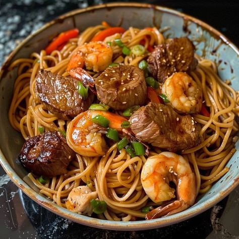 How to Make Steak & Shrimp Teriyaki Noodles – Charm Recipes Shrimp And Teriyaki Noodles, Teriyaki Chicken And Shrimp Recipes, Seafood And Noodles, Steak Tips And Shrimp Recipes, Steak And Shrimp Noodles, Shrimp And Beef Stir Fry, Steak Shrimp Stir Fry, Steak And Shrimp Recipes Dinners, Steak And Shrimp Teriyaki Noodles