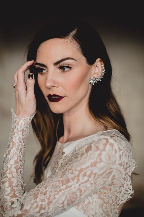 11 Subtly Spooky Halloween Wedding Ideas | Brit   Co Bridal Manicure, Edgy Bridal, Wedding Hairstyles And Makeup, Edgy Wedding, Nye Wedding, Dark Lipstick, Black Lipstick, Dark Wedding, Wedding Makeup Looks