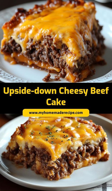 This Upside-down Cheesy Beef Cake is a hearty, savory dish packed with layers of seasoned beef and cheesy goodness. It’s a fun and delicious twist for family dinner Gooey Cheese, Creamy Cheese, Round Cake Pans, Round Cakes, Savoury Cake, Savoury Dishes, Pie Crust, Cake Pans, Family Dinner