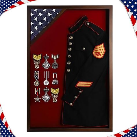 Amazon.com - Flag Display Case Military Uniform Shadow Box Fits a Folded 3'x5' Army Navy Air Force Veterans Home Flown Flag with Police Uniform Jacket Display and Felt Lining for Badges and Medals, Walnut Finish Military Uniform Shadow Box Ideas, Costume Display, Pharmacy Art, Military Ribbons, Flag Display Case, Ribbon Display, Police Uniform, Band Uniforms, Military Pins