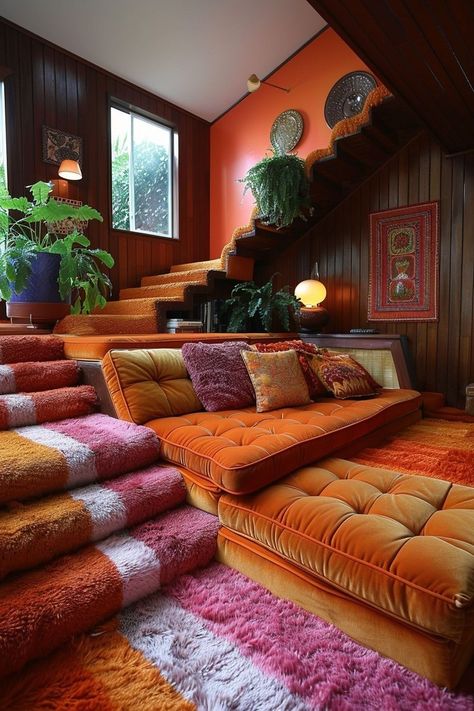 Stepping into the time machine and bringing the groovy 70s vibe into today's home!✨ Love shag carpets, vibrant hues, and funky textures? Stay tuned to infuse some retro magic into your living space. 🌈🏡💖 70s Home Interior, Living Room Maximalist, Funky Living Room Ideas, Funky Living Room, 70s Living Room, 70s Interior Design, Funky Living Rooms, 70s House, 70s Interior