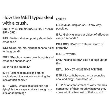 Mbti With A Crush, Isfp With Crush, Myers Briggs Funny, Isfj Love Language, When An Infj Has A Crush, Infj Crush Feelings, Mbti When They Have A Crush, Enfp Crush, Infj Crush