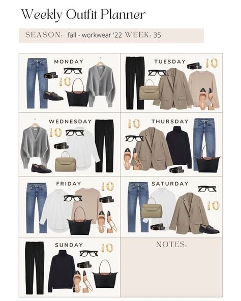 Week Of Work Outfits, A Week Of Outfits, Week Of Outfits, Minimalist Wardrobe Capsule, Capsule Wardrobe Women, Outfit Planner, Smart Casual Women, Casual Work Outfits Women, 2022 Year