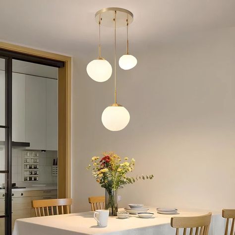 Mercer41 3 - Light Dimmable Globe Chandelier With Irregular White Lampshades | Wayfair Golden Ceiling, Glass Ball Pendant Lighting, Pendant Lamp Design, Glass Lampshade, White Chandelier, Globe Chandelier, Glass Pendant Lamp, Glass Ball, Interior Design Kitchen