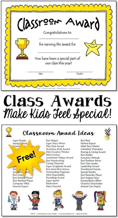 Classroom Awards Make Kids Feel Special! Read this post to download free classroom award certificates and discover tips for managing a classroom awards program. Classroom Cleaners, Classroom Awards Certificates, Classroom Awards, Class Awards, School Awards, Award Ideas, Preschool Graduation, Student Awards, Award Certificates