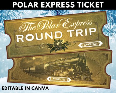 "Personalized Polar Express Ticket Printable, North Pole Ticket, Canva Editable, Front and Back, Digital File Only - 3\" x 8\" This is a replica train ticket from The Polar Express. Using Canva, you can personalize the tickets with any name or word in the same \"hole-punched\" style from the movie. KEEP IN MIND - this is a digital download only and no printed materials will be shipped with this listing. The actual ticket dimensions are 8\" x 3\". There are two tickets, front and back designs. ★ Polar Express Ticket, Polar Express Tickets, Polar Express Theme, Polar Express Party, Ticket Printable, Polar Express Train, Train Ticket, The Polar Express, Pole Nord