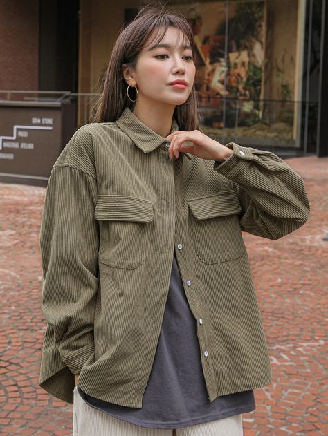 Corduroy Shirt Outfit Women, Corduroy Shirt Outfit, Green Top Outfit, Corduroy Blouse, Corduroy Shirt, Plain Shirt, Women Blouses, Plain Shirts, Blouse Outfit