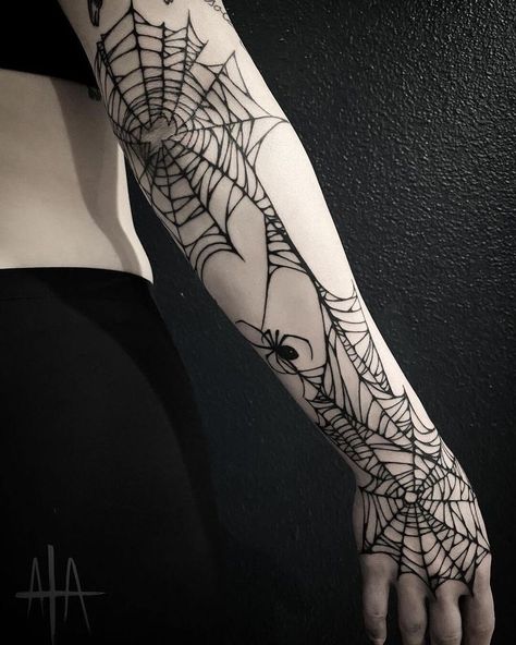 Spiderweb Lace Tattoo, Spider Crawling Down Web Tattoo, Spider Web Forearm Tattoo, Spiderweb Tattoo Forearm, Kneecap Spiderweb Tattoo, Spider Themed Tattoos, Realistic Spider Web Tattoo, Spider Web Hand Tattoos For Women, Spider Web Gap Filler Tattoo