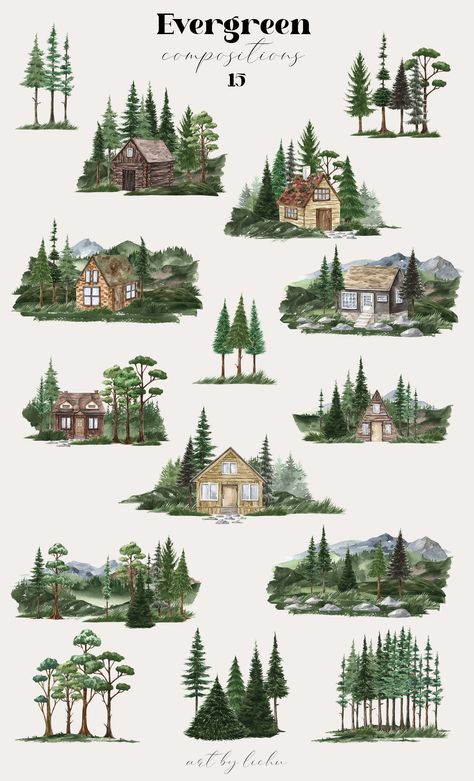 Barn Clip Art, Watercolor Evergreen, Clipart Aesthetic, Houses Clipart, Watercolor Houses, Forest Clipart, Cozy Cabins, Desain Buklet, Forest Wood