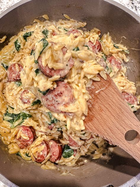 Creamy Orzo and Sausage Skillet — 2hungrydaughters Garlic Sausage Dinner Recipes, Creamy Orzo With Sausage, Andouille Sausage Meal Prep, Andouille Sausage Orzo, Orzo Recipes Sausage, Creamy Sausage Orzo, Smoked Sausage And Orzo, Chicken Sausage Orzo Skillet, Dinner Ideas With Chicken Sausage