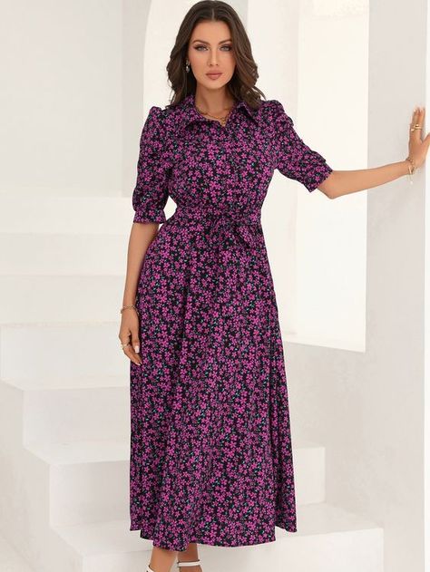 Purple Boho Collar Half Sleeve Fabric Ditsy Floral Shirt Embellished Non-Stretch Spring/Summer Women Clothing Party Wear Evening Gowns, Homemade Closet, Holiday Dressing, Swag Outfits For Girls, Shein Dress, Belted Shirt Dress, Shirt Dress Style, Midi Shirt Dress, Maxi Dress Blue