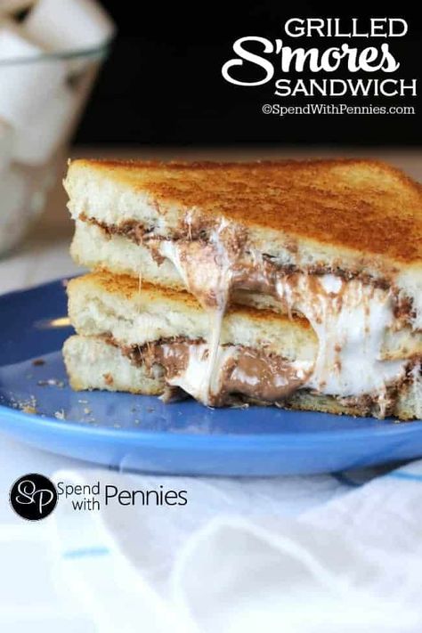 Grilled S'Mores Sandwich {Ready in 5 mins!} - Spend With Pennies Grilled Smores Sandwich, Smores Sandwich, Grilled Smores, Grilled Sandwiches, Grilled Bread, Spend With Pennies, Grilled Sandwich, S'mores, Yummy Sweets