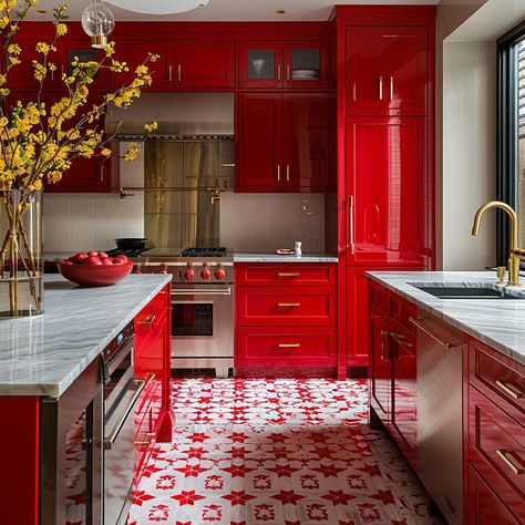 10+ Stunning Studio Kitchen Ideas for a Vibrant Red Makeover • 333+ Art Images Pink Red Kitchen, Studio Kitchen Ideas, Red Vintage Kitchen, Red Floors, Sims Interior, Red Kitchen Cabinets, Red Cabinets, Rustic Wooden Shelves, Retro Appliances