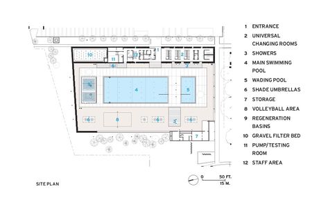 Borden Park Natural Swimming Pool by gh3 architecture | 2019-08-01 | Architectural Record Swimming Pool Changing Room Ideas, Pool Architecture Plan, Public Swimming Pool Architecture, Swimming Pool Plan Architecture, Aquatic Center Architecture, Swimming Pool Designs Architecture, Indoor Pool Floor Plans, Swimming Pool Floor Plan, Swimming Pool Layout