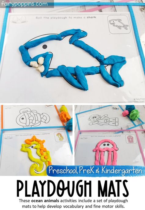 These ocean animals activities include a set of printable playdough mats to develop vocabulary and fine motor skills. #playdoughmats #oceananimals #finemotoractivities #prek #preschool #kindergarten #oceanactivities Ocean Playdough Activities, Ocean Playdough Mats Free Printable, Sea Animals Crafts For Preschool, Ocean Fine Motor, Ocean Animals Kindergarten, Ocean Dramatic Play, Animal Playdough Mats, Sea Animals Activities, Ocean Prek