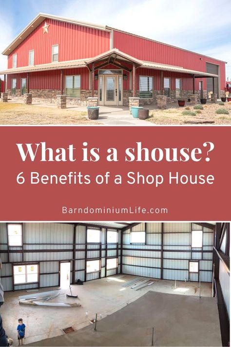 When looking at barndominium designs and barndominium ideas, you may come across the word “shouse.” Many of the first barndominiums were shouses. They were workshops and barns with residences added to the structure. People now call these designs shouses or shomes. Keep reading to explore the main features and the 6 main benefits of a shouse. Plus get some great shop house ideas for your home! Building A Shop House, Live In Shop While Building House, House Over Shop Plans, Shop Homes Houses Metal Buildings, Shop To House Conversion, Temporary Shop House Interior, Shop Attached To House, 80x100 Barndominium, Steel Barndominium Ideas