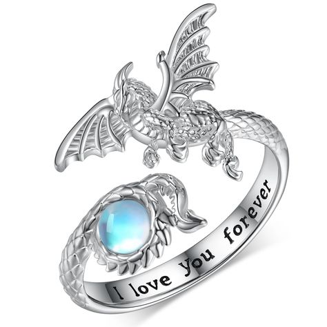 PRICES MAY VARY. Dragon Ring for Women: This Moonstone Dragon Ring is inspired by a dragon, which symbolizes strength, good luck and protection. Moonstone represents the lover's stone, and treat it as a token of beautiful love. Perfect earrings for daily wear, designed specifically for those who love dragon. Sterling Silver Dragon Rings Material: The Adjustable Dragon Ring is made of 925 sterling silver. Lead-free and nickel-free, Hypoallergenic and safety for sensitive skins women. Moonstone Dr Dragon Ring Blue, Dragon Jewelry Silver, Fnatasy Rings, Claughdaugh Ring, Dragon Ring Women, Dragon Wedding Rings, Fantasy Jewelry Ring, Dragon Wedding Ring, Spinning Rings Woman