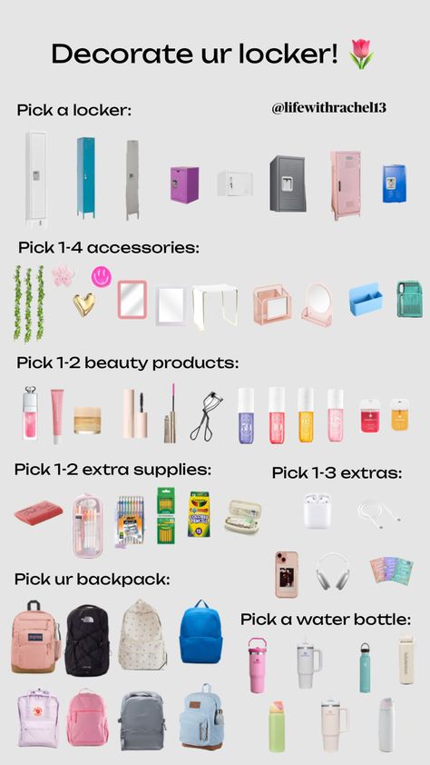 #preppy #backtoschool #locker #cute #decorate #decorateurlocker #inspo #fyp #girl #soldejaneiro #makeup #skincare #grwm #aesthetic Locker Essentials, Middle School Lockers, Grwm Aesthetic, Middle School Essentials, School Backpack Essentials, School Folders, Preppy Inspiration, Backpack Essentials, School Lockers