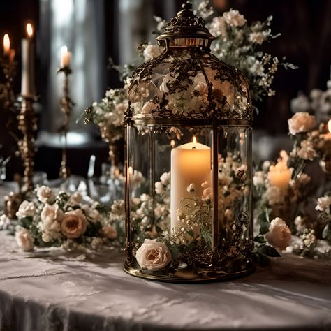 "Product Details Candlelight canvas print by Glenda Stevens.  Victorian still life with antique lantern and flowers. Bring your artwork to life with the texture and depth of a stretched canvas print. Your image gets printed onto one of our premium canvases and then stretched on a wooden frame of 1.5\" x 1.5\" stretcher bars (gallery wrap) black sides or 5/8\" x 5/8\" stretcher bars (museum wrap} white sides. Your canvas print will be delivered to you \"ready to hang\" with pre-attached hanging wire, mounting hooks, and nails. The print has a gorgeous glossy finish. Design Details AI art created by me. Shipped in 3-5 days" Lantern And Flower Centerpieces Wedding, 1920s Wedding Centerpieces, Flowers In Lanterns, Victorian Romantic Aesthetic, Candelabra Wedding Decor, Whimsical Wedding Decorations Receptions, Hanging Lantern Wedding Decor, Lantern And Flower Centerpieces, Ethereal Wedding Centerpieces