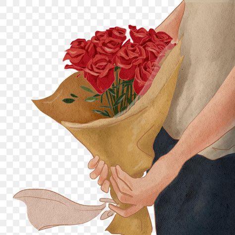 Realistic Rose Drawing, Valentine's Day Aesthetic, Man Background, Valentine Drawing, Holding Bouquet, Rose Outline, Valentines Illustration, Rose Sketch, Red Rose Tattoo