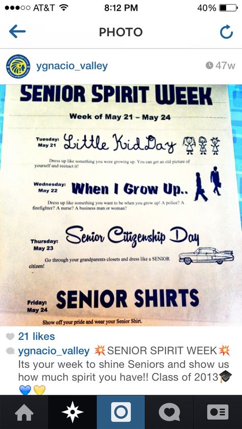 Senior spirit week #2016! Senior Week Dress Up Days, Senior Spirit Week Ideas High Schools, Senior Week Outfits, Senior Dress Up Day Ideas, Senior Year Spirit Week, Senior Week Activities, Senior Week Ideas High School, Hollywood Spirit Week Ideas, Senior Week Themes