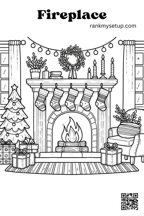 Cozy Christmas Fireplace Coloring Page for Kids Fireplace Coloring Page, Improve Sketching, Christmas Tree For Bedroom, Tattoo Coloring Pages, Cozy Christmas Fireplace, Simple Outlines, Fireplace Drawing, Thanksgiving Coloring Book, World Of Printables