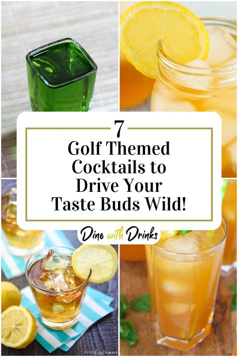 Collage of 4 golf themed cocktails. Masters Golf Cocktails, Golf Theme Cocktail, Golf Course Event Ideas, Golf Drinks Alcohol, Master Golf Party Ideas, Golf Shots Alcohol, Golf Party Drink Ideas, Golf Themed Jello Shots, Golf Theme Drinks