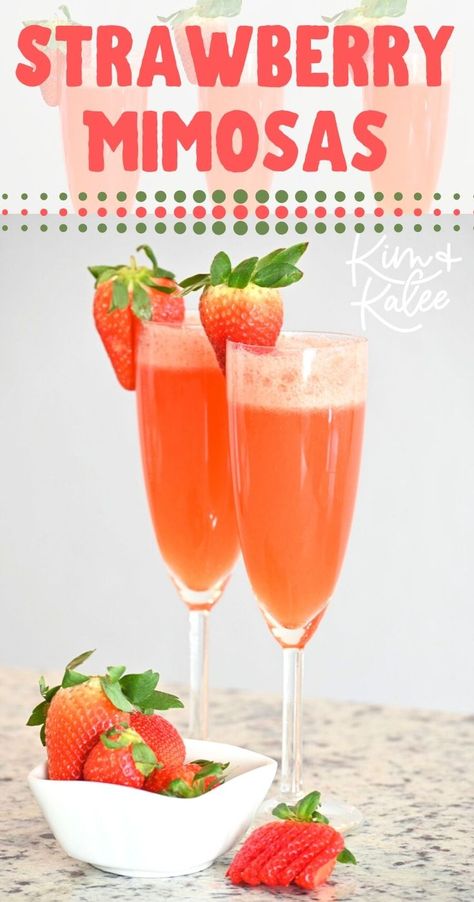 Fresh Sparkling Strawberry Mimosas make brunch special! Whether you're celebrating a girls weekend, a wedding shower, or a special holiday like Easter, Mother's Day, or Valentine's Day, your guests will love toasting with this bubbly drink! #brunch #summer #cocktails Strawberry Mimosas, Rhubarb Oatmeal Bars, Non Alcoholic Mimosa, Rhubarb Oatmeal, Strawberry Mimosa, Strawberry Recipes Easy, Mimosa Recipe, Brunch Drinks, Perfect Brunch