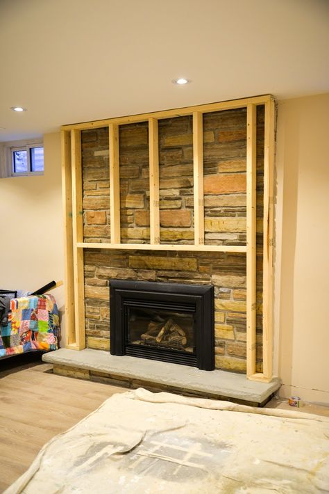 Update Fireplace, Brick Fireplace Remodel, Stone Fireplace Makeover, Fireplace Facing, Fireplace Redo, Fireplace Stone, Fireplace Update, Fireplace Frame, Shelves Floating