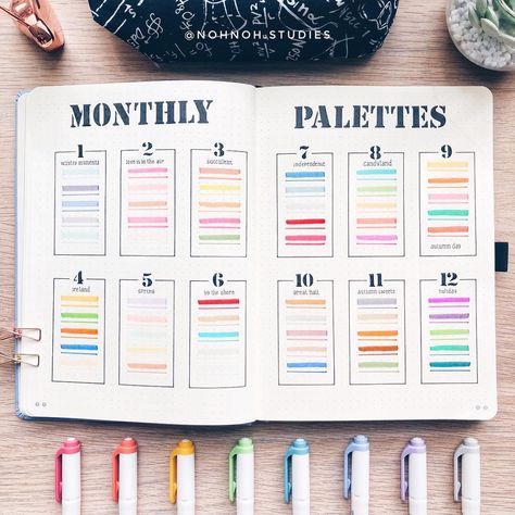 Kalon「stationery & bujo」 on Instagram: “Monthly color palettes 🎨 spread! I had a lot of fun choosing a color theme for each month of 2019, my favorite is January & August colors.…” Notes Supplies, Pen Swatches, Random Prints, Books Journal, August Colors, Weekly Log, Tea Aesthetic, Zebra Mildliner, Bullet Journal Notes