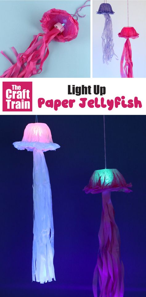 Aquarium Craft Ideas, Jellyfish Paper Craft, Aquarium Crafts For Kids, Lightning Ocean, Jellyfish Project, Tissue Paper Crafts For Kids, Jellyfish Crafts, Paper Jellyfish, Ocean Theme Crafts