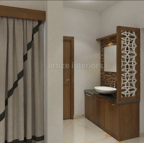 Washbasin Area In Dining Room, Wash Basin In Dining Area, Dinning Wash Basin Area, Washbasin Partition Ideas, Partition Design For Wash Basin, Dining Hall Wash Basin Design, Dining Hall Wash Basin Design Luxury, Outdoor Laundry Rooms, Wooden Staircase Design