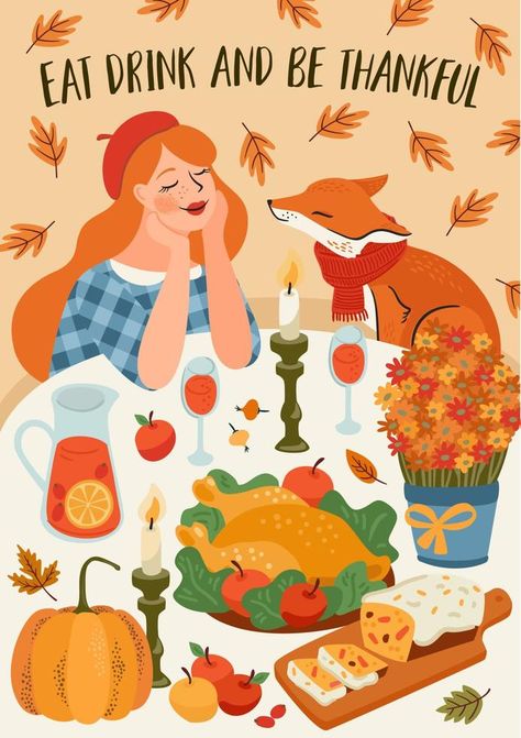 Happy Thanksgiving illustration. Cute lady with fox at festive table. Vector design for card, poster, flyer, web and other use Happy Thanksgiving Illustration, Thanksgiving Table Illustration, Paper Napkin Folding Ideas Easy, Napkins Folding Ideas, Fall Season Quotes, Paper Napkin Folding Ideas, Thanksgiving Illustration, Elf Is Back Ideas, Thanksgiving Napkin Folds