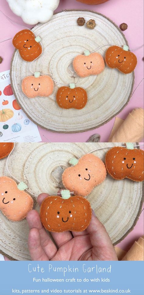 Felt Fall Decorations, Pumpkin Plush Diy, Halloween Decorations Sewing, Things To Sew For Halloween, Simple Pumpkin Craft, Pumpkin Sewing Projects, Pumpkin Felt Craft, Kids Felt Sewing Projects, Halloween Felt Garland Diy