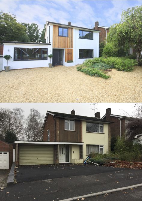 Facelift and full refurb of 1960’s detached house in Southampton. Garage conversion, full render, new windows in RAL7016, cladded in red cedar. 1970s House Remodel, 1970s House Renovation, 70s House Exterior, 1960s House Renovation, House Facelift, 60s House, 1970s House, Exterior House Renovation, 1960s House